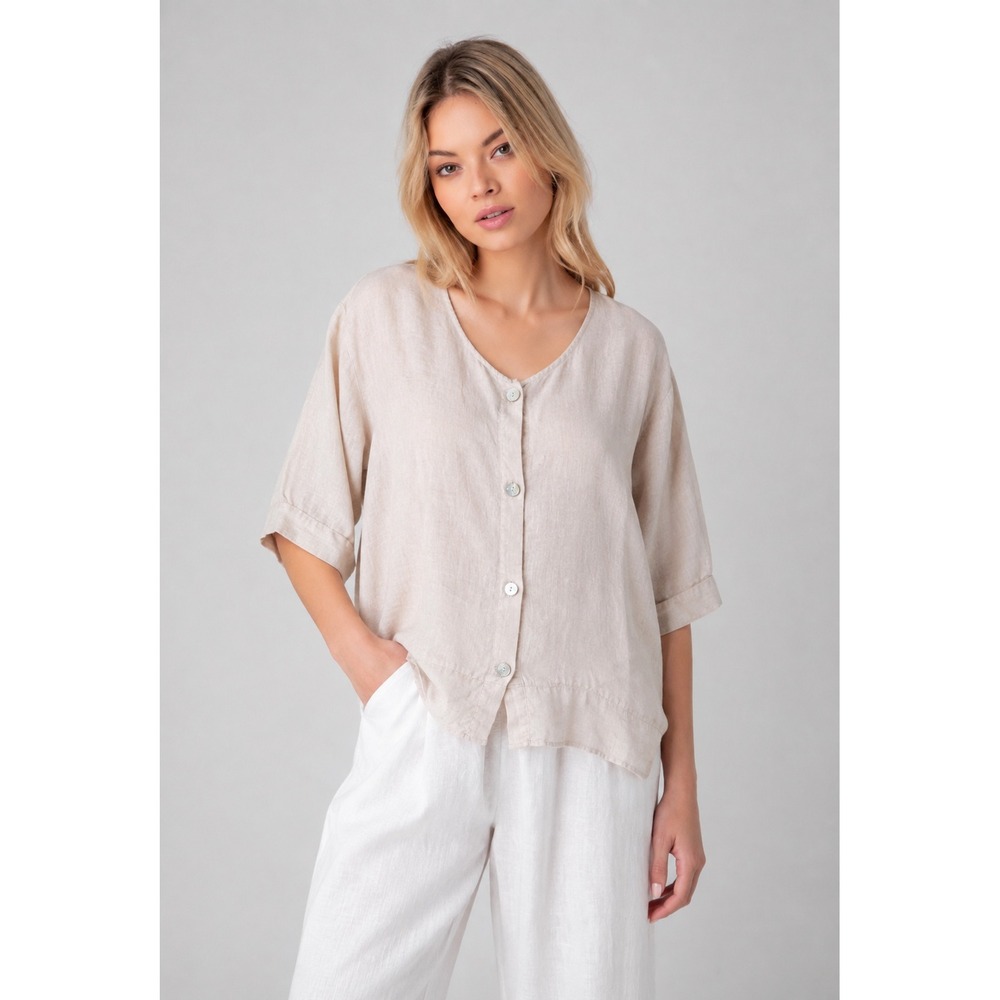 John P. Greece Beige 100% Linen Button Front Top Mother of Pearl Buttons Size L